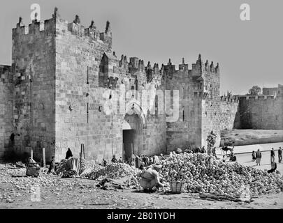 Palästina: Ein palästinensischer Mann, der Orangenhaufen am Damaskus-Tor von Jerusalem verkauft, um 1950–1970. Palästina ist ein Name für die geografische Region zwischen dem Mittelmeer und dem Jordan. Die Region ist auch als das Land Israel, das Heilige Land und die Südlevante bekannt. 1832 wurde Palästina von Mohammed Alis Ägypten erobert, aber 1840 intervenierte Großbritannien und gab die Kontrolle über die Levante an die Osmanen zurück, als Gegenleistung für weitere Kapitulationen. Am Ende des 19. Jahrhunderts begann die zionistische Einwanderung und die Wiederbelebung der hebräischen Sprache. Stockfoto