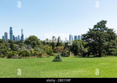 Blick auf die Skyline von Melbourne von den Royal Botanic Gardens im Sommer, Melbourne, Australien Stockfoto