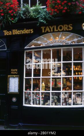 England: Specialist Tea Blender (and Coffee Roaster), Stonegate, York, Großbritannien. Nach der mündlichen Überlieferung wird in China seit über vier Jahrtausenden Tee angebaut. Die frühesten schriftlichen Berichte über die Teezubereitung stammen jedoch aus der Zeit um 350 n. Chr., als er zum ersten Mal am kaiserlichen Hof ein Getränk wurde. Etwa 800 CE-Teesamen wurden nach Japan gebracht, wo bald ein regelmäßiger Anbau etabliert wurde. Etwas mehr als fünf Jahrhunderte später, im Jahr 1517, wurde der Tee von den Portugiesen nach Europa geliefert, kurz nachdem sie ihren Handel mit China aufgenommen hatten. Stockfoto