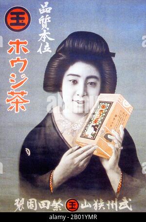 Japan: Plakatwerbung für „Jadetee“, Anfang des 20. Jahrhunderts. Grüner Tee wird ausschließlich aus den Blättern der Camellia sinensis hergestellt, die während der Verarbeitung nur minimal oxidiert wurden. Grüner Tee stammt aus China und ist mit vielen Kulturen in ganz Asien assoziiert worden. In letzter Zeit hat er sich im Westen, wo traditionell schwarzer Tee konsumiert wird, weiter verbreitet. In den Ländern, in denen sie angebaut werden, wurden viele Sorten von grünem Tee hergestellt. Diese Sorten können sich aufgrund unterschiedlicher Anbaubedingungen, Gartenbau, Produktionsverarbeitung und Erntezeit erheblich unterscheiden. Stockfoto