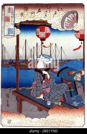 Japan: Vollmond bei Takanawa. Ukiyo-e Holzschnitt von Utagawa Hiroshige (1797-1858), um 1850. Eine Bijin (schöne Frau) saß neben ihrem Palanquin in einem Teehaus. Utagawa Hiroshige war ein japanischer Ukiyo-e-Künstler und einer der letzten großen Künstler in dieser Tradition. Er wurde auch als Andō Hiroshige (eine unregelmäßige Kombination von Familienname und Kunstname) und als Ichiyūsai Hiroshige bezeichnet. Bijinga („schöne Person“) ist ein Oberbegriff für Bilder schöner Frauen in der japanischen Kunst, insbesondere im Holzschnitt des Ukiyo-e-Genres, die vor der Fotografie liegen. Stockfoto