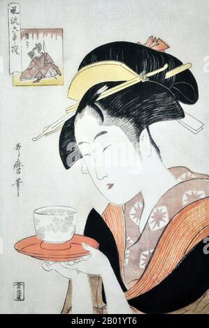 Japan: Porträt von Naniwaya Okita, einer Schönheit, die in einem Teehaus in der Nähe von Akasuka arbeitete. Ukiyo-e Holzschnitt von Kitagawa Utamaro (1753-1806), um 1796. Kitagawa Utamaro war ein japanischer Drucker und Maler, der als einer der größten Künstler von Holzschnitten (Ukiyo-e) gilt. Er ist vor allem für seine meisterhaft komponierten Studien über Frauen bekannt, bekannt als Bijinga. Er schuf auch Naturstudien, insbesondere illustrierte Bücher über Insekten. Stockfoto