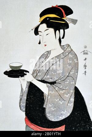 Japan: Porträt von Naniwaya Okita, einer Schönheit, die in einem Teehaus in der Nähe von Akasuka arbeitete. Ukiyo-e Holzschnitt von Kitagawa Utamaro (1753-1806), um 1793. Kitagawa Utamaro war ein japanischer Drucker und Maler, der als einer der größten Künstler von Holzschnitten (Ukiyo-e) gilt. Er ist vor allem für seine meisterhaft komponierten Studien über Frauen bekannt, bekannt als Bijinga. Er schuf auch Naturstudien, insbesondere illustrierte Bücher über Insekten. Stockfoto