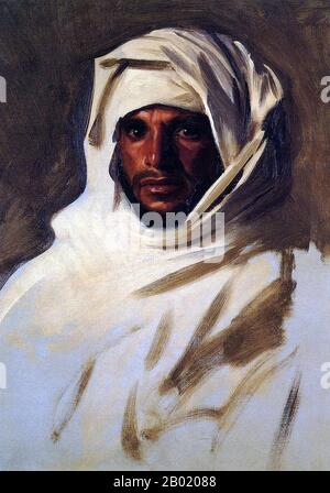 Arabien/USA: "Ein Beduinenaraber". Ölgemälde auf Leinwand, John Singer Sargent (1856-1925), um 1891. Beduinen sind Teil einer überwiegend in der Wüste lebenden arabischen ethnischen Gruppe, die traditionell in Stämme oder Clans unterteilt ist, die auf Arabisch als ʿašāʾir bekannt sind. Der Begriff Beduin leitet sich von einer Pluralform des arabischen Wortes badawī ab, wie es in umgangssprachlichen Dialekten ausgesprochen wird. Der arabische Begriff badawī leitet sich vom Wort bādiyah ab, was semiaride Wüste bedeutet (im Gegensatz zu ṣaḥarāʾ, was Wüste bedeutet). Ab dem späten 19. Jahrhundert begannen viele Beduinen unter britischer Herrschaft in ein seminomadisches Leben zu übergehen. Stockfoto