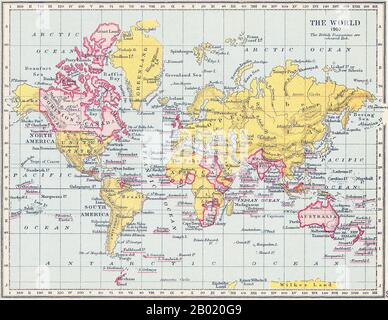 Vereinigtes Königreich: Karte der Welt, britische Besitzungen rot gefärbt, 1907. Das britische Empire umfasste die Herrschaften, Kolonien, Protektorate, Mandate und andere Gebiete, die vom Vereinigten Königreich regiert oder verwaltet wurden. Sie entstand aus den Übersee-Kolonien und Handelsposten, die England im späten 16. Und frühen 17. Jahrhundert gegründet hatte. Auf seinem Höhepunkt war es das größte Reich der Geschichte und war über ein Jahrhundert lang die führende Weltmacht. Bis 1922 hatte das britische Empire über 458 Millionen Menschen, ein Fünftel der Weltbevölkerung zu dieser Zeit. Stockfoto