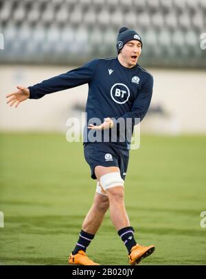 Oriam Sports Center, Riccarton Campus der Heriot-Watt University, Edinburgh: 18. Februar 2020. Schottland Rugby-Team-Training vor ihrem Guinness Six Nations Match gegen Italien in Rom. Schottlands Jamie Ritchie im Training im Einsatz. Kredit: Ian Rutherford/Alamy Live News Stockfoto