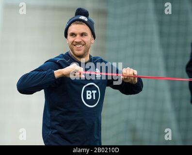 Oriam Sports Center, Riccarton Campus der Heriot-Watt University, Edinburgh: 18. Februar 2020. Schottland Rugby-Team-Training vor ihrem Guinness Six Nations Match gegen Italien in Rom. Schottlands Chris Harris. Kredit: Ian Rutherford/Alamy Live News Stockfoto