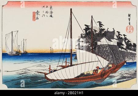 Japan: Station 42: Kuwana, Mündung des Kiso-Flusses. Ukiyo-e-Holzschnitt aus der Serie „Three Stations of the Tôkaidô Road“ von Utagawa Hiroshige (1797-1858), um 1834. Kuwana: Zwei große Dschunks, die an der Mündung des Kiso-Flusses ankern, und andere segeln zum Meer. Um die zahlreichen Flüsse, die zwischen Miya und Kuwana ins Landesinnere fließen, zu überqueren, unternahmen Reisende ihre Reise mit dem Boot. Die Bootsfahrt war angeblich angenehm. Stockfoto