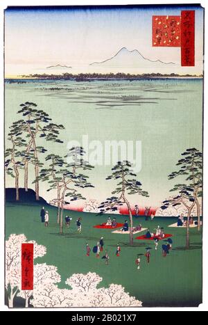 Japan: Asukayama: Blick nach Norden vom Asukayama Park aus, auf dem der Berg Tsukuba dargestellt wird. Bild 17 von Teil 1 (Frühling) von „100 berühmte Ansichten von Edo“. Ukiyo-e Holzschnitt von Utagawa Hiroshige (1797-1858), um 1856-1859. Hiroshiges 100 berühmte Ausblicke auf Edo, die sich aus 118 Holzblocklandschaften und Genreszenen aus Tokio Mitte des 19. Jahrhunderts zusammensetzen, ist eine der größten Errungenschaften der japanischen Kunst. Die Serie enthält viele der berühmtesten Drucke Hiroshiges. Es ist eine Feier des Stils und der Welt der besten kulturellen Blüte Japans am Ende des Tokugawa-Shogunats. Stockfoto