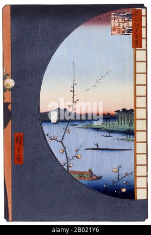 Japan: Massaki: Blick von Massaki auf den Suijin-Schrein, Uchigawa Inlet und Sekiya. Bild 36 von Teil 1 (Frühling) von „100 berühmte Ansichten von Edo“. Ukiyo-e Holzschnitt von Utagawa Hiroshige (1797-1858), um 1856-1859. Hiroshiges 100 berühmte Ausblicke auf Edo, die sich aus 118 Holzblocklandschaften und Genreszenen aus Tokio Mitte des 19. Jahrhunderts zusammensetzen, ist eine der größten Errungenschaften der japanischen Kunst. Die Serie enthält viele der berühmtesten Drucke Hiroshiges. Es ist eine Feier des Stils und der Welt der besten kulturellen Blüte Japans am Ende des Tokugawa-Shogunats. Stockfoto