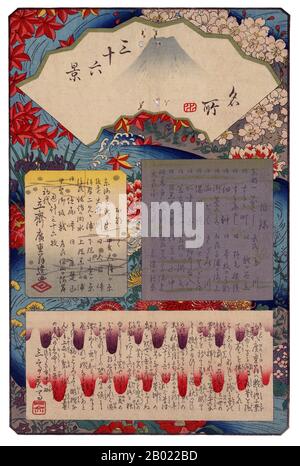 Japan: Inhaltsverzeichnis. Ukiyo-e Holzschnitt aus der Serie „36 Views of Mount Fuji“ von Utagawa Hiroshige (1797-1858), 1858. Sechsunddreißig Ansichten des Fuji ist der Titel zweier Holzschnitte des japanischen Ukiyo-e-Künstlers Andō Hiroshige, die den Fuji in unterschiedlichen Jahreszeiten und Wetterbedingungen aus verschiedenen Orten und Entfernungen darstellen. Die Serie 1852 ist im Querformat, die Serie 1858 im Hochformat ausgerichtet. Stockfoto