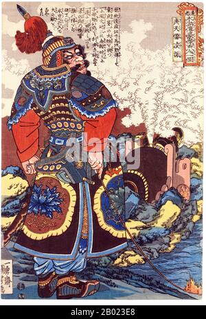 China/Japan: Ling Zhen (Kotenrai Ryoshin) steht vor einer Kanone mit einer brennenden Sicherung in der Hand, einer der „hundertachtundachtunddreißig Helden des Wasserrandes“. Ukiyo-e Holzschnitt von Utagawa Kuniyoshi (1797-1863), 1827-1830. Water Margin (auch bekannt als Shuihu Zhuan, auch bekannt als Suikoden auf Japanisch, sowie Outlaws of the Marsh, Tale of the Marshes, All Men are Brothers, Men of the Marshes oder The Marshes of Mount Liang) ist ein Roman aus dem 14. Jahrhundert und einer der vier großen klassischen Romane der chinesischen Literatur. Stockfoto
