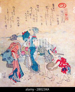 Totoya Hokkei war ein japanischer Druckerei-Zeichner und Buchillustrator. Er studierte zunächst Malerei bei Kano Yesen (1735-1808), dem Leiter der Kobikicho-Filiale der Kano-Schule und Okaeshi (offizieller Maler) beim Tokugawa-Shogunat. Zusammen mit Teisai Hokuba (1771-1844) war Hokkei einer der besten Schüler von Katsushika Hokusai. Stockfoto