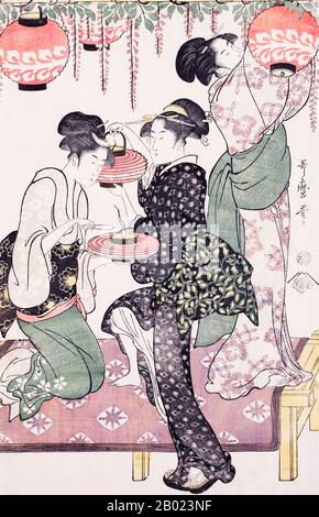 Japan: Teehaus Maidens unter einer Wisteria Trellis. Ukiyo-e Holzschnitt von Kitagawa Utamaro (ca. 1753 - 31. Oktober 1806), ca. 1795. Kitagawa Utamaro war ein japanischer Drucker und Maler, der als einer der größten Künstler von Holzschnitten (Ukiyo-e) gilt. Er ist vor allem für seine meisterhaft komponierten Studien über Frauen bekannt, bekannt als Bijinga. Er schuf auch Naturstudien, insbesondere illustrierte Bücher über Insekten. Stockfoto