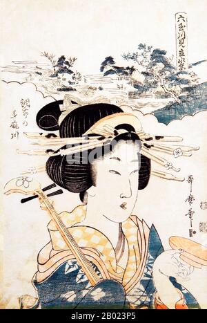 Kitagawa Utamaro (ca. * 1750-31.Oktober, 15763) war ein japanischer Druckerei-Maler, der als einer der größten Künstler von Holzholzdrucken (ukiyo-e) gilt. Er ist vor allem für seine meisterhaft zusammengestellten Studien von Frauen bekannt, die als Bijinga bekannt sind. Er produzierte auch Naturstudien, insbesondere illustrierte Bücher von Insekten. Nach Utamaros Tod produzierte sein Schüler Koikawa Shunchō weiterhin Drucke im Stil seines Mentors und übernahm bis um das Jahr 1820 den gō Utamaro. Diese Drucke, die während dieser vierzehnjährigen Periode produziert wurden, als ob Utamaro der Künstler wäre, werden heute als Werk Von Ut bezeichnet Stockfoto