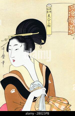 Japan: "Woman Carried Laundry". Ukiyo-e Holzschnitt aus der Serie „zwölf schöne Frauen, die mit berühmten Orten zusammengebracht wurden (Meisho Fukei Bijin Juniso)“ von Kitagawa Utamaro (ca. 1753 - 31. Oktober 1806), ca. 1800-1806. Kitagawa Utamaro war ein japanischer Drucker und Maler, der als einer der größten Künstler von Holzschnitten (Ukiyo-e) gilt. Er ist vor allem für seine meisterhaft komponierten Studien über Frauen bekannt, bekannt als Bijinga. Er schuf auch Naturstudien, insbesondere illustrierte Bücher über Insekten. Stockfoto