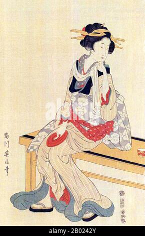 Japan: 'A beautiful Kellnerin/Jewel River of IDE' Ukiyo-e Holzschnitt aus der Serie 'Six Views of the Tama River' von Kikugawa Eizan (1787-1867), ca. 1811-1813. Kikukawa Eizan war ein japanischer Holzschnitt-Designer, der das Handwerk zuerst bei seinem Vater Eiji studierte. Er studierte auch bei dem berühmten Ukiyo-e-Künstler Totoya Hokkei. In den 1830er Jahren war er zunächst für seine Holzschnitte von Beautiful Woman (bijin, bijin-GA) bekannt, wechselte dann aber von der Druckerei zur Malerei. Stockfoto