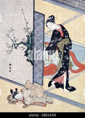 Japan: "Die junge Dame schaut durch die Tür auf ihren Kamuro, der auf dem Boden schläft." Ukiyo-e Holzschnitt von Suzuki Harunobu (1724-1770) um 1765-1770. Suzuki Harunobu war ein japanischer Holzschnitt-Künstler, einer der berühmtesten im Ukiyo-e-Stil. Er war ein Innovator und der erste, der 1765 Vollfarbdrucke (nishiki-e) herstellte und die früheren Modi der zwei- und dreifarbigen Drucke veraltete. Harunobu verwendete viele spezielle Techniken und stellte eine Vielzahl von Themen dar, von klassischen Gedichten bis zu zeitgenössischen Schönheiten (bijin, bijin-ga). Stockfoto