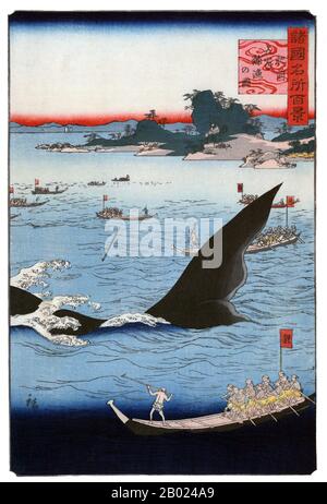 Utagawa Hiroshige II (1826-1869) war der Nachfolger und Schüler des Ukiyo-e-Druckmeisters Hiroshige, der seinen Namen nach seinem Tod im Jahr 1858 übernahm. Er heiratete die Tochter seines Meisters, obwohl sie sich 1865 scheiden ließen, danach begann er den Namen Kisai Rissho zu verwenden. Sein Werk ähnelt so dem seines Meisters, dass die meisten Gelehrten ihre Drucke oft verwechseln. Stockfoto