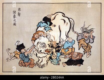 Japan: „Blinde Mönche untersuchen einen Elefanten“. Ukiyo-e Holzschnitt von Hanabusa Itchō (1652 - 7. Februar 1724), 1888. Hanabusa Itchō, auch bekannt als Hishikawa Shinkō und ursprünglich Taga Waō, war eine Malerin, Kalligrafin und Dichterin aus Osaka. Ursprünglich im Kanō-Stil ausgebildet, lehnte er diesen Kunststil ab und wurde ein Literati (Bunjin). Die Geschichte der Blinden und eines Elefanten stammt aus dem indischen Subkontinent, von dem sie weit verbreitet ist. Es wurde verwendet, um eine Reihe von Wahrheiten und Irrtümern zu veranschaulichen. Stockfoto