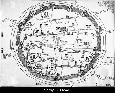 China: Eine chinesische Karte der Altstadt von Shanghai aus dem 16. Jahrhundert. Die Altstadt von Shanghai (Shànghăi Gùchéng) bezieht sich auf die älteste Gegend Shanghais, die oft einfach als Nanshi, "Südstadt", bezeichnet wird, da sie südlich der alten internationalen Siedlungen lag. Sie ist kreisförmig und wurde früher von einer Verteidigungsmauer umgeben. Zu den bemerkenswerten Merkmalen gehört der Stadtgotttempel, der sich im Zentrum der Altstadt befindet und mit dem Yuyuan-Garten verbunden ist.