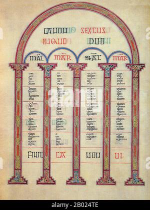 Die Evangelien von Lindisfarne sind ein illuminiertes Evangelienbuch, das um das Jahr 700 CE in einem Kloster auf Lindisfarne Island vor der Küste von Northumberland produziert wurde. Sie ist heute in der British Library in London ausgestellt. Das Manuskript ist eines der besten Werke im einzigartigen Stil der hibernosächsischen oder insularen Kunst, die mediterrane, angelsächsische und keltische Elemente vereint. Die Evangelien von Lindisfarne sind vermutlich das Werk eines Mönch namens Eadfrith, der 698 Bischof von Lindisfarne wurde und 721 starb. Die aktuelle Gelehrtenförderung gibt ein Datum um 715 an, und es wird angenommen, dass sie produziert wurden Stockfoto