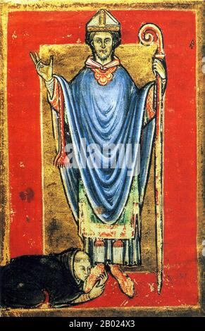 St. Cuthbert (ca. 634 - 20. März 687) war ein angelsächsische Mönch, Bischof und Einsiedler, der mit den Klöstern Melrose und Lindisfarne im Königreich Northumbria in Verbindung gebracht wurde. Nach seinem Tod wurde er einer der wichtigsten mittelalterlichen Heiligen Englands, mit einem Kult, der sich in der Durham Cathedral zentrierte. Cuthbert gilt als Schutzpatron Nordenglands. Sein Festtag ist der 20. März. Er wuchs in der Nähe des neuen Ablegers von Lindisfarne in der Melrose Abbey auf, die heute in Schottland liegt, damals aber in Northumbria war. Er hatte beschlossen, Mönch zu werden, nachdem er 651 eine Vision davon gesehen hatte, dass der St Aidan, der ist Stockfoto