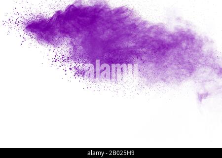 Lila Partikel Explosion auf weißem Hintergrund. Freeze Motion von Purple staub Splash für den Hintergrund. Stockfoto