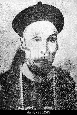 China/Laos/Vietnam: Der Führer der Schwarzen Flagge Liu Yongfu (10. Oktober 1837 bis 9. Januar 1917), 1885. Liu Yongfu/Liu Yung-Fu war ein chinesischer Warlord, Kommandant der berüchtigten Banditengruppe, bekannt als Black Flag Army und der zweite (und letzte) Präsident der Republik Formosa. Er erlangte in den 1870er und 1880er Jahren einen Ruf als chinesischer Patriot, der in Nordvietnam (Tonkin) Krieg gegen das Französische Reich führte Nachdem er während des Chinesisch-Französischen Krieges (1884–1885) eine enge Freundschaft mit dem chinesischen General Tang Jingsong geschlossen hatte, half er Tang, den Widerstand gegen die japanische Invasion Taiwans zu organisieren. Stockfoto