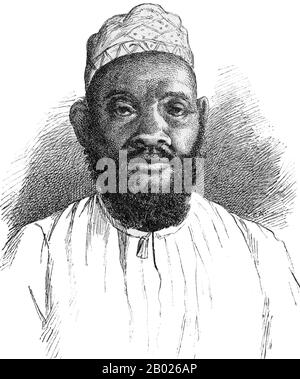 Tippu Tip oder Tib (1837 - 14. Juni 1905), richtiger Name Hamad bin Muḥammad bin Jumah bin Rajab bin Muḥammad bin Sa'īd al-Murghabī, (arabisch: حمد بن محمد بن جمعة بن رجب بن محمد بن سعيد المرجبي‎), war ein Swahili-Sansibari-Händler. Bekannt wurde er von den Einheimischen Ostafrikas als Tippu Tib nach den Klängen, die seine vielen Gewehre machten. Als berüchtigter Sklavenhändler, Plantagenbesitzer und Gouverneur, der für eine Reihe von Sultanen Sansibars arbeitete, leitete er viele Handelsexpeditionen nach Zentralafrika, bei denen es um den Handel mit Sklaven und Elfenbein ging. Er konstruierte profitable Handelsposten, die tief in Cent reichten Stockfoto