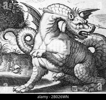 Griechenland/Italien: Die mythologische Python. Detail aus dem Stich 'Apollo Killing the Python' von Meister der die (Fl. 1530-1560) nach Baldassare Tommaso Peruzzi (1481-1537), um 1530-1560. In der griechischen Mythologie war Python der Erddrache von Delphi, der immer in griechischen Skulpturen und Vasenmalereien als Schlange dargestellt wurde. Er leitete das Delphische orakel, das im Kultzentrum für seine Mutter Gaia, „Erde“, existierte, wobei Pytho der Ortsname war, der für die frühere Krisa ersetzt wurde. Hellenen betrachteten den Ort als das Zentrum der Erde, dargestellt durch einen Stein, den Omphalos oder Nabel. Stockfoto