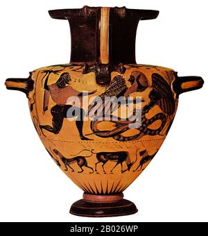 Griechenland: Zeus schleudert einen Blitz auf Typhon, dargestellt auf einem Chalkidan Hydria (griechischer Krug), um 550-490 v. Chr.. Typhon war das tödlichste Monster der griechischen Mythologie. Der letzte Sohn von Gaia, gezeugt von Tartarus, war als Vater aller Monster bekannt; seine Frau Echidna war ebenfalls die Mutter aller Monster. Typhon wurde in Pseudo-Apollodorus, Bibliotheke, als das größte und furchterregendste aller Geschöpfe beschrieben. Seine menschliche obere Hälfte reichte bis zu den Sternen, und seine Hände reichten nach Osten und Westen. Statt eines menschlichen Kopfes brachen hundert Drachenköpfe aus seinem Hals und seinen Schultern aus. Stockfoto