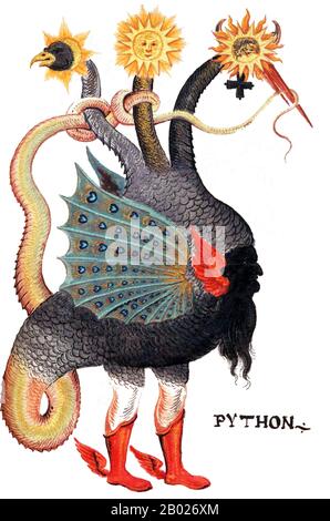 Deutschland/Italien/Griechenland: Der Python Mercurius als dreiköpfiger Drache. Holzschnitt-Illustration ursprünglich von Giovanni Battista Nazari, um 1600. In der griechischen Mythologie war Python der Erddrache von Delphi, der immer in griechischen Skulpturen und Vasenmalereien als Schlange dargestellt wurde. Er leitete das Delphische orakel, das im Kultzentrum für seine Mutter Gaia, „Erde“, existierte, wobei Pytho der Ortsname war, der für die frühere Krisa ersetzt wurde. Hellenen betrachteten den Ort als das Zentrum der Erde, dargestellt durch einen Stein, den Omphalos oder Nabel, den Python bewachte. Stockfoto