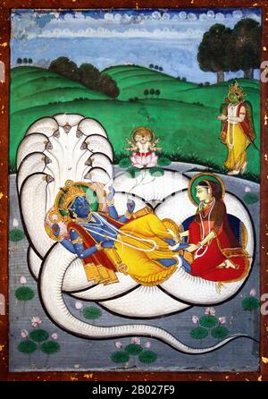 In hinduistischer Tradition ist Shesha, auch Sheshanaga genannt, der König aller Nagas und aller Serpentengottheiten, eines der Urwesen der Schöpfung, und gemäß dem Bhagavata Purana, einem Avatar des höchsten Gottes, der als Narayana bekannt ist. Er ist auch unter den Namen Balarama und Sankarshana bekannt. In den Puranas soll Sheshanaga alle Planeten des Universums auf seinen Hauben halten und ständig die Herrlichkeiten von Vishnu aus seinem ganzen Mund singen. Er wird manchmal auch als Ananta Shesha bezeichnet, was übersetzt "endlos-Shesha" oder "Adishesha" bedeutet, was das erste Shesha bedeutet. Es wird gesagt, dass, wenn Adhesa sich abspult, t Stockfoto