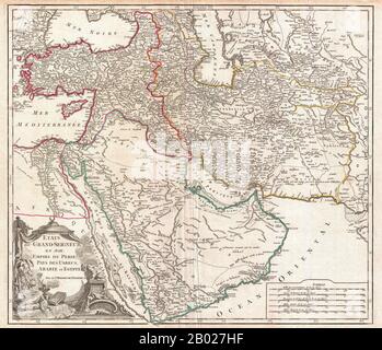 In dieser Karte von 1753 des Osmanenreiches. Vaugondy bildet das Reich auf seiner Höhe ab, wobei das Territorium vom Schwarzen Meer bis zur südlichsten Ausdehnung Arabiens und des Westens, einschließlich Persiens, bis zum mongolischen Reich Indiens reicht. Dazu gehören die heutigen Länder Türkei, Ägypten, Saudi-Arabien, Oman, Jemen, die Vereinigten Arabischen Emirate, Iran, Irak, Kuwait, Israel, Palästina, Jordanien, Syrien, Libanon, Armenien, Aserbaidschan, Georgien und Teile Afghanistans, Pakistans, Indiens, Usbekistans und Griechenlands. Vaugondy verwendet alle aktuellen geografischen Informationen der Zeit, die beide französischen A enthalten Stockfoto