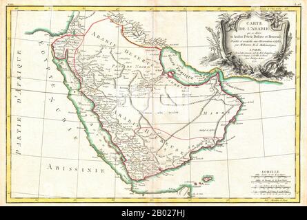 Arabien: Karte von Arabien geteilt in Stony Arabia, Desert Arabia und Happy Arabia (Arabien Felix). Karte von Rigobert Bonne (1727-1795), 1771. Rigobert Bonnes dekorative Karte der Arabischen Halbinsel aus dem Jahr 1771. Erstreckt sich vom Mittelmeer bis zum Indischen Ozean und vom Roten Meer bis zum Persischen Golf. Einschließlich der heutigen Nationen Saudi-Arabien, Israel, Jordanien, Kuwait, Irak, Jemen, Oman, die Vereinigten Arabischen Emirate und Bahrain. Es heißt Mt. Sinai, Mekka und Jerusalem sowie viele andere Städte und Wüstenoasen und weist auch auf zahlreiche Offshore-Untiefen, Riffe und andere Gefahren im Roten Meer hin. Stockfoto
