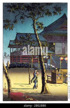 Japan: Teeshop im Kiyomizu-Tempel, Kyoto. Shin Hanga ukiyo-e Holzschnitt von Tsuchiya Koitsu (23. September 1870 bis 13. November 1949), 1940. Tsuchiya Koitsu war ein Künstler der Shin Hanga-Bewegung. Er trainierte 19 Jahre lang unter dem Ukiyo-e-Meister Kobayashi Kiyochika, und seine ersten Kunstwerke konzentrierten sich auf Szenen aus dem Ersten Chinesisch-Japanischen Krieg. Shin Hanga („neue Drucke“) war eine Kunstbewegung im Japan des frühen 20. Jahrhunderts während der Taishō- und Shōwa-Zeit, die traditionelle Ukiyo-e-Kunst, die in der Edo- und Meiji-Zeit (17. Bis 19. Jahrhundert) verwurzelt war, wiederbelebt. Stockfoto