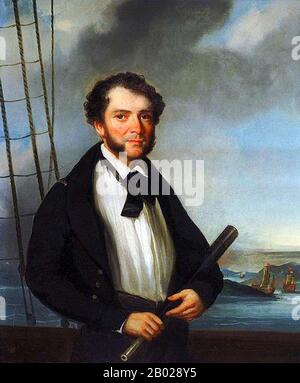 Großbritannien/China: A Merchant Naval Captain, circa 1830. Ölgemälde auf Leinwand von George Chinnery (5. Januar 1774 - 30. Mai 1852), ca. 1830-1835. George Chinnery war ein englischer Maler, der die meiste Zeit seines Lebens in Asien verbrachte, insbesondere in Indien und Südchina. Chinnery wurde in London geboren und wurde 1802 nach einer Ausbildung in England ein berühmter Porträtmaler in Irland. Er heiratete seine Frau Marianne am 19. April 1799 in Dublin. Sein Vater besaß mehrere Handelsschiffe und sein älterer Bruder William Chinnery besaß das heutige Gilwell Park. Er war ein enger Freund des Künstlers William Armfield Hobday. Stockfoto
