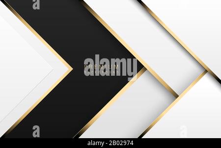 Vector Luxury Tech Hintergrund. Stapel mit weißem Papiermaterial mit goldenem Streifen. Premium-Hintergrundbild mit Pfeilform und schwarzem Hintergrund. Stock Vektor