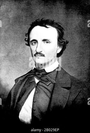 USA: Edgar Allan Poe (* 19. Januar 1809 bis 7. Oktober 1849), US-amerikanischer Schriftsteller, Dichter, Herausgeber und Literaturkritiker. Er war auch ein Afficionado aus Opium und Laudanum. Graustufenfrontispiece, 1898. Edgar Allan Poe, geboren als Edgar Poe, war ein Schriftsteller, Dichter, Herausgeber und Literaturkritiker, der als Teil der amerikanischen Romantik angesehen wurde. Poe war einer der frühesten amerikanischen Praktizierenden der Kurzgeschichte und gilt allgemein als Erfinder des Genres Detektiv-Fiktion. Er wird auch als Beitrag zum neuen Genre der Science-Fiction bezeichnet. Stockfoto