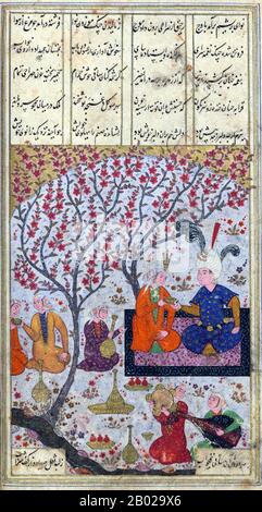 Nizami Ganjavi (1101-1209) oder Amīr Khusraw Dihlavī, dessen formaler Name Jamal ad-Dīn Abū Muḥammad Ilyās IBN-Yūsuf Zakkī   war, war ein persischer Dichter aus dem 12. Jahrhundert. Nezāmi gilt als der größte romantische epische Dichter in der persischen Literatur, der dem persischen Epos einen Umgangstil und einen realistischen Stil einbrachte. Sein Erbe wird von Afghanistan, Aserbaidschan, Iran, Kurdistan und Tadschikistan weithin geschätzt und geteilt. Stockfoto