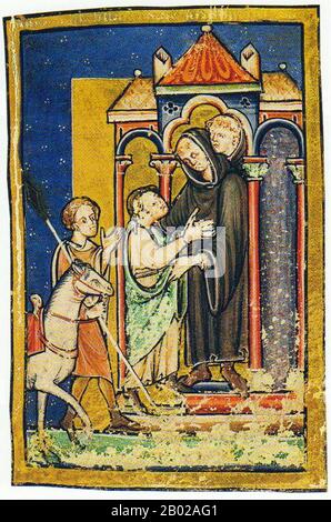 St. Cuthbert (ca. 634 - 20. März 687) war ein angelsächsische Mönch, Bischof und Einsiedler, der mit den Klöstern Melrose und Lindisfarne im Königreich Northumbria in Verbindung gebracht wurde. Nach seinem Tod wurde er einer der wichtigsten mittelalterlichen Heiligen Englands, mit einem Kult, der sich in der Durham Cathedral zentrierte. Cuthbert gilt als Schutzpatron Nordenglands. Sein Festtag ist der 20. März. Er wuchs in der Nähe des neuen Ablegers von Lindisfarne in der Melrose Abbey auf, die heute in Schottland liegt, damals aber in Northumbria war. Er hatte beschlossen, Mönch zu werden, nachdem er 651 eine Vision davon gesehen hatte, dass der St Aidan, der ist Stockfoto