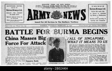 Birma, ein großes Schlachtfeld, wurde während des zweiten Weltkriegs verwüstet Bis März 1942, innerhalb von Monaten nach Kriegseintritt, waren japanische Truppen auf Rangun vorgerückt und die britische Verwaltung war zusammengebrochen. Eine birmanische Exekutivverwaltung unter der Leitung von Ba Maw wurde im August 1942 von den Japanerinnen gegründet. Wingates britische Chindits wurden zu weitreichenden Penetrationsgruppen gebildet, die für den Betrieb tief hinter japanischen Linien ausgebildet wurden. Eine ähnliche amerikanische Einheit, Merrills Marauders, folgte 1943 den Chindits in den birmanischen Dschungel. Ab Ende 1944 starteten alliierte Truppen eine Reihe von Offensiven Stockfoto