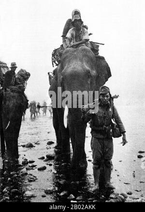 Birma, ein großes Schlachtfeld, wurde während des zweiten Weltkriegs verwüstet Bis März 1942, innerhalb von Monaten nach Kriegseintritt, waren japanische Truppen auf Rangun vorgerückt und die britische Verwaltung war zusammengebrochen. Eine birmanische Exekutivverwaltung unter der Leitung von Ba Maw wurde im August 1942 von den Japanerinnen gegründet. Wingates britische Chindits wurden zu weitreichenden Penetrationsgruppen gebildet, die für den Betrieb tief hinter japanischen Linien ausgebildet wurden. Eine ähnliche amerikanische Einheit, Merrills Marauders, folgte 1943 den Chindits in den birmanischen Dschungel. Ab Ende 1944 starteten alliierte Truppen eine Reihe von Offensiven Stockfoto