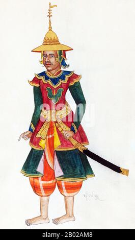 Die Konbaung-Dynastie war die letzte Dynastie, die Birma (Myanmar) von 1752 bis 1885 regierte. Die Dynastie schuf das zweitgrößte Reich der birmanischen Geschichte und setzte die von der Toungoo-Dynastie begonnenen Verwaltungsreformen fort, die den Grundstein für den modernen Staat Birma legten. Die Reformen erwiesen sich als unzureichend, um den Vormarsch der Briten einzudämmen, die die Birmanesen in allen drei Anglo-Birmanischen Kriegen über einen Zeitraum von sechs Jahrzehnten (181-1885) besiegt und die Jahrtausend alte birmanische Monarchie 1885 beendet hatten. Stockfoto