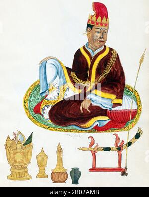 Die Konbaung-Dynastie war die letzte Dynastie, die Birma (Myanmar) von 1752 bis 1885 regierte. Die Dynastie schuf das zweitgrößte Reich der birmanischen Geschichte und setzte die von der Toungoo-Dynastie begonnenen Verwaltungsreformen fort, die den Grundstein für den modernen Staat Birma legten. Die Reformen erwiesen sich als unzureichend, um den Vormarsch der Briten einzudämmen, die die Birmanesen in allen drei Anglo-Birmanischen Kriegen über einen Zeitraum von sechs Jahrzehnten (181-1885) besiegt und die Jahrtausend alte birmanische Monarchie 1885 beendet hatten. Stockfoto