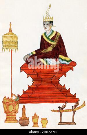 Die Konbaung-Dynastie war die letzte Dynastie, die Birma (Myanmar) von 1752 bis 1885 regierte. Die Dynastie schuf das zweitgrößte Reich der birmanischen Geschichte und setzte die von der Toungoo-Dynastie begonnenen Verwaltungsreformen fort, die den Grundstein für den modernen Staat Birma legten. Die Reformen erwiesen sich als unzureichend, um den Vormarsch der Briten einzudämmen, die die Birmanesen in allen drei Anglo-Birmanischen Kriegen über einen Zeitraum von sechs Jahrzehnten (181-1885) besiegt und die Jahrtausend alte birmanische Monarchie 1885 beendet hatten. Stockfoto
