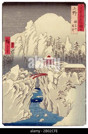 Utagawa Hiroshige (* um die Welt von Japan; † 12. Oktober 1858) war ein japanischer Ukiyo-e-Künstler und einer der letzten großen Künstler dieser Tradition. Er wurde auch als Andō Hiroshige und mit dem Kunstnamen Ichiyūsai Hiroshige bezeichnet. Unter vielen Meisterwerken erinnert man sich vor allem an die Neunundsechzig Stationen der Kisokaidō (1834-1842) und die Sechsunddreißigjährige Aussicht auf den Fuji (1852-1858). Stockfoto