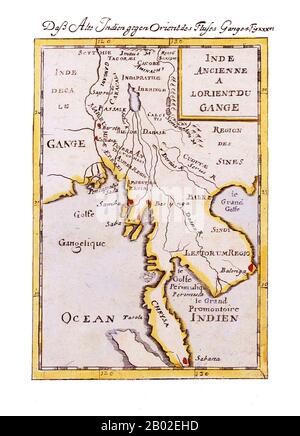 "Inde Ancienne A l'Orient Du Gange - Dass alte Indien gegen Orient des Flusses Ganges" (Allain Manesson Mallet, Frankfurt, 1719. Kupferstich, handfarbig in Waschen und Umriss. Dekorative gravierte Karte mit Birma und Thailand mit Laos, Kambodscha, Vietnam und der malaiischen Halbinsel. Der sagenhafte "Chiamaysee" oder "Chiang-See" ist im oberen Zentrum der Karte prominent, ist aber ungenannt. Stockfoto