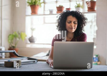 Junge Frau, die in ihrem Framing-Shop an einem Laptop arbeitet Stockfoto